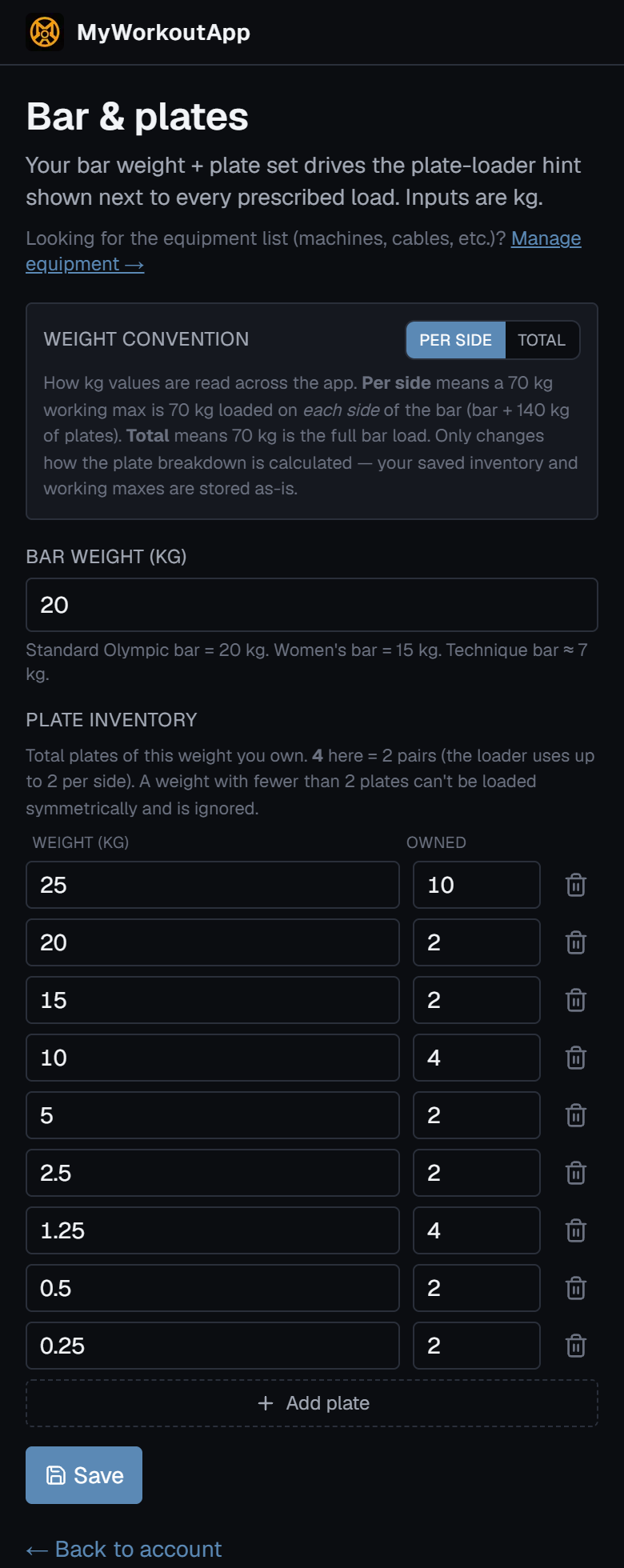 App screen with barbell weight and plate inventory