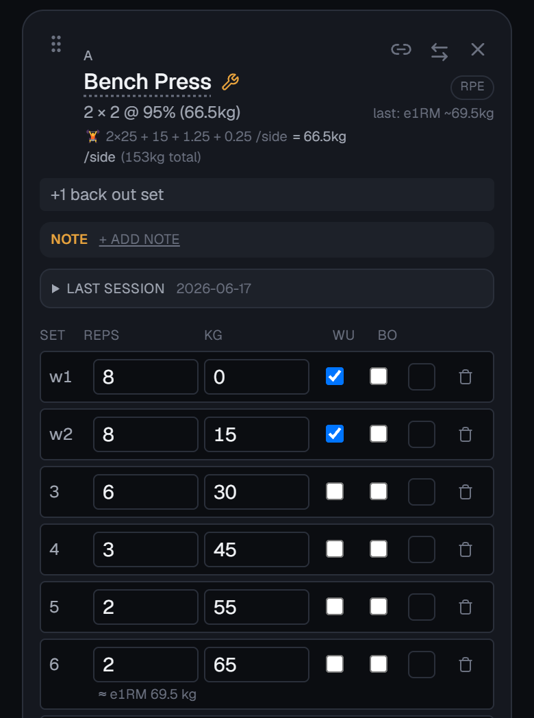 App screen with a bench press prescription and the set-by-set logging table